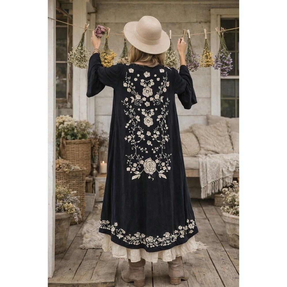 Andree by Unit Duster Cardigan Tan Embroidered Size Large Black Boho Lagenlook